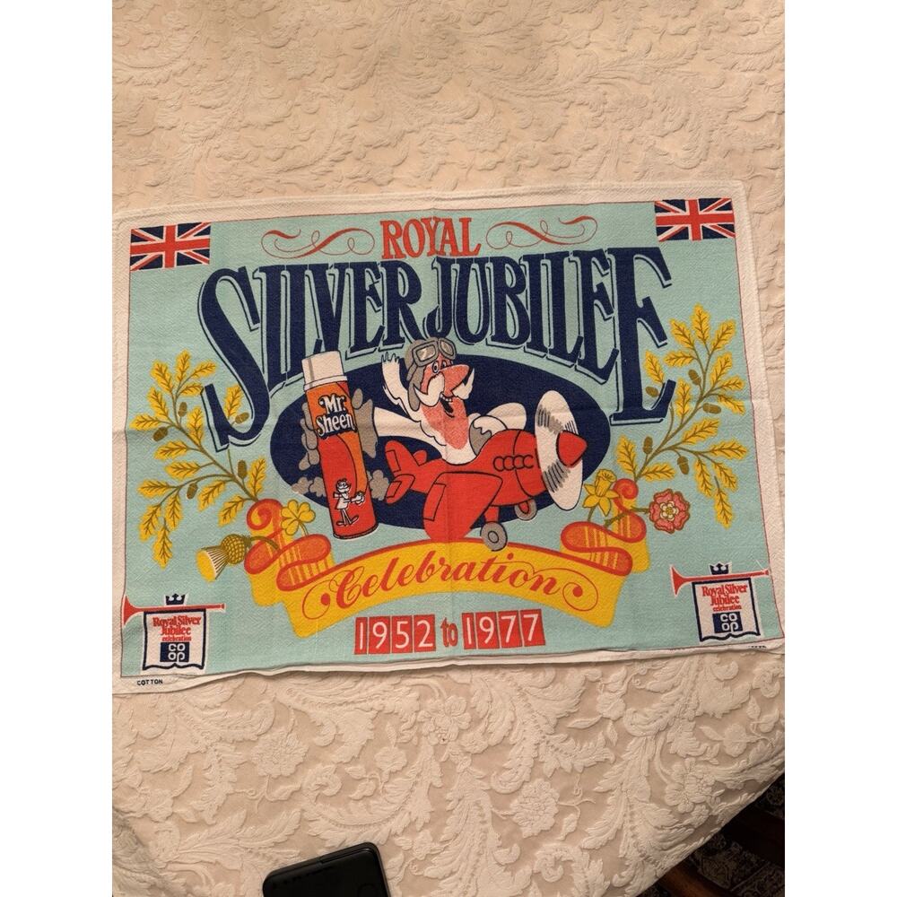 Royal Silver Jubilee Tea Towel 1977 Mr Sheen Co Op Vintage Cotton 17x24